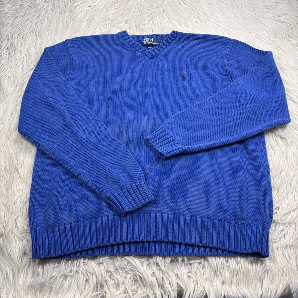 Vintage 90's Y2K Polo Ralph Lauren Men's XL Blue High V-Neck Cotton Sweater Prep